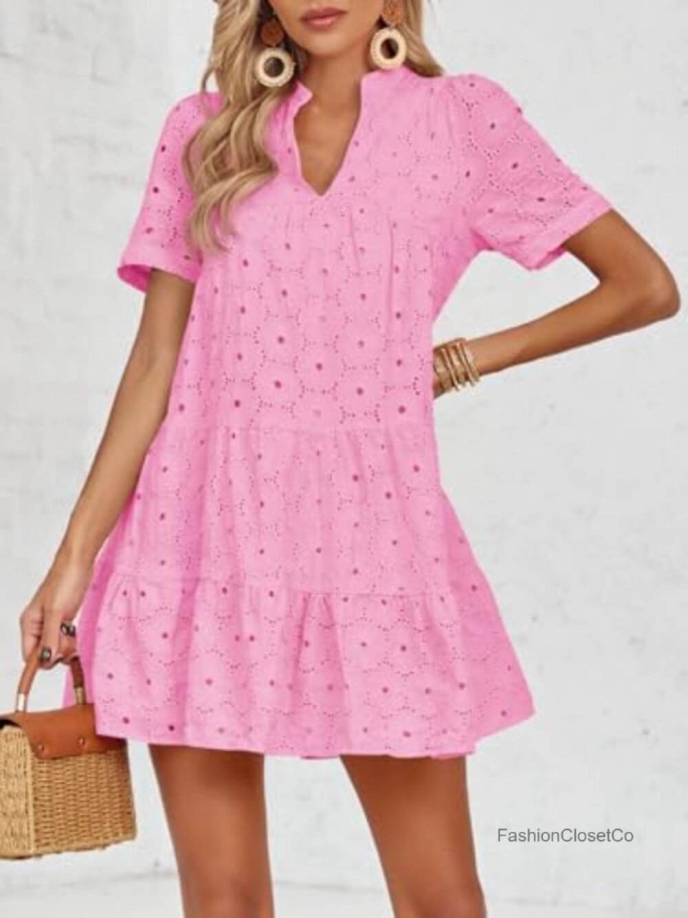 100% Polyester Eyelet Babydoll Dress Short Sleeve V Neck Flowy Tunic - Picture 5 of 7